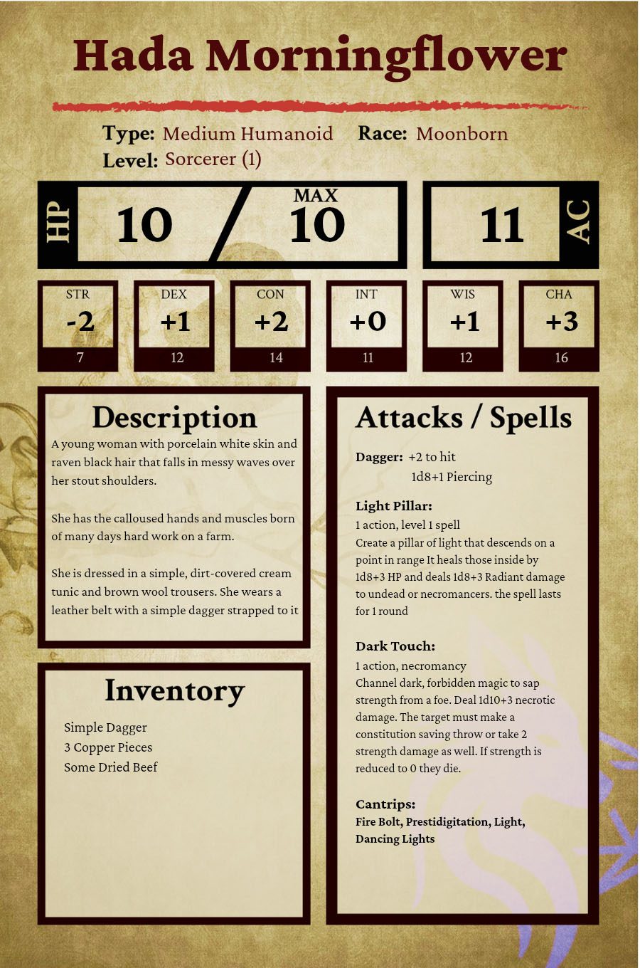 Hada Morningflower Dungeons and Dragons Character Sheet